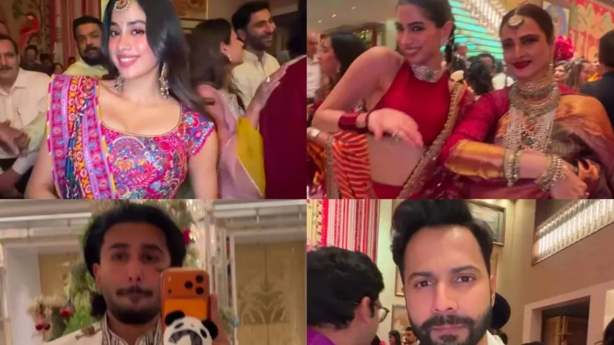 Orry posing with various Bollywood celebrities like Rekha and Janhvi Kapoor at a festive event.