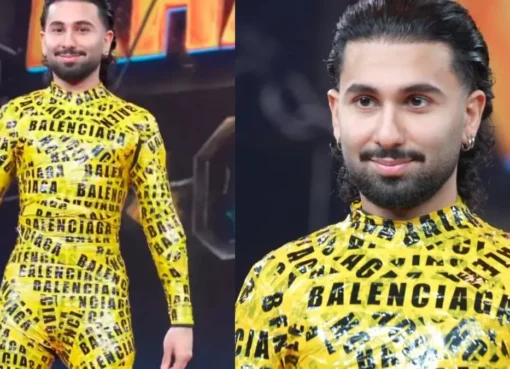 Orry at the Khatron Ke Khiladi 15 finale dressed in a full body outfit made from yellow Balenciaga tape.