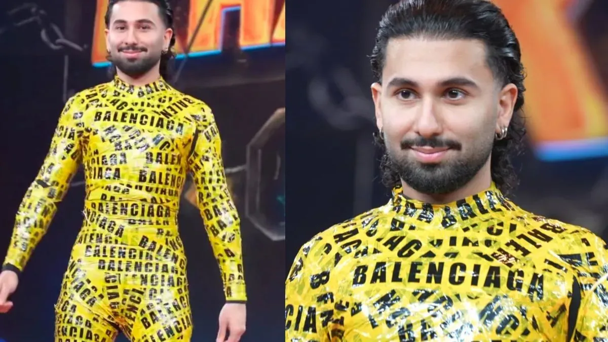 Orry at the Khatron Ke Khiladi 15 finale dressed in a full body outfit made from yellow Balenciaga tape.