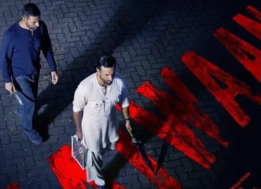 Akshay Kumar and Saif Ali Khan looking serious in a movie still from Haiwaan.