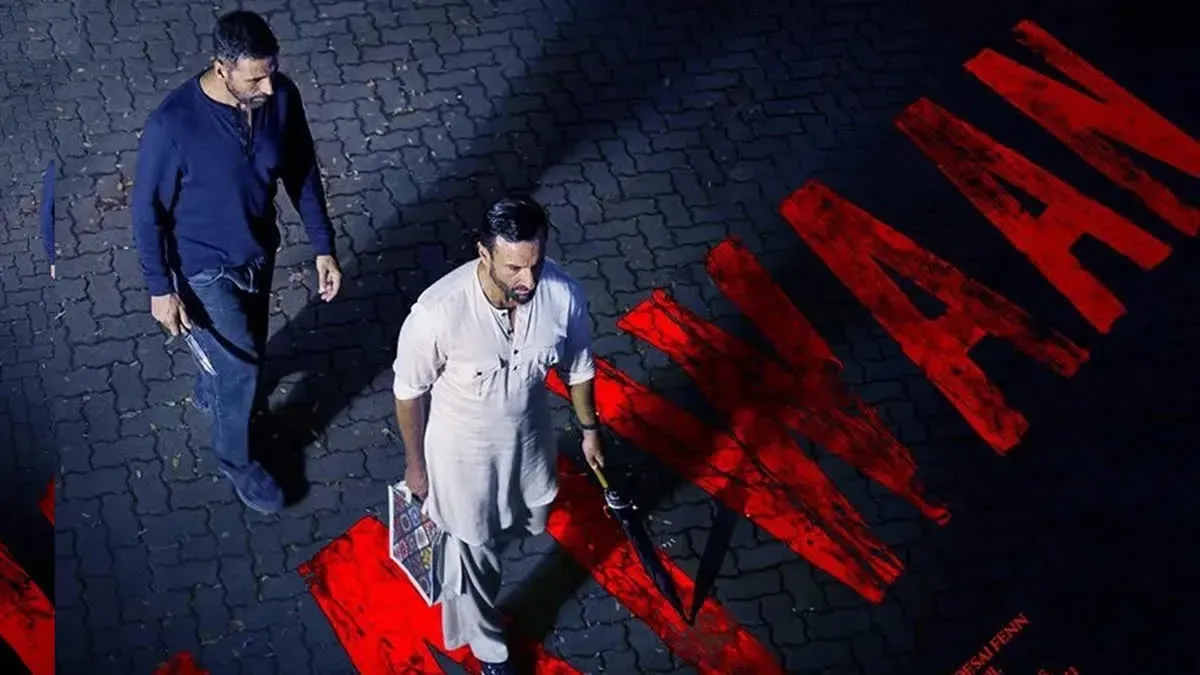 Akshay Kumar and Saif Ali Khan looking serious in a movie still from Haiwaan.