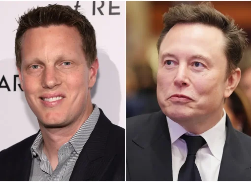 Elon Musk looking thoughtful, with movie studio logos like Paramount and Warner Bros. in the background.
