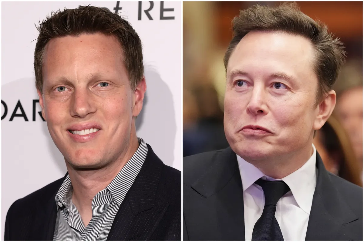 Elon Musk looking thoughtful, with movie studio logos like Paramount and Warner Bros. in the background.