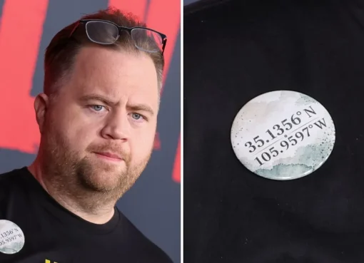 Paul Walter Hauser wearing a black T-shirt with a small pin featuring numbers.