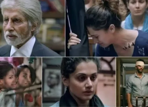 Amitabh Bachchan and Taapsee Pannu in a serious courtroom scene from the movie Pink.