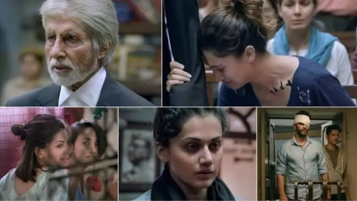 Amitabh Bachchan and Taapsee Pannu in a serious courtroom scene from the movie Pink.