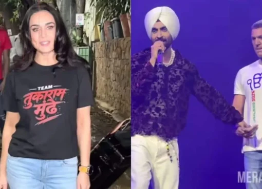 Collage of Preity Zinta smiling in a t-shirt and Diljit Dosanjh interacting with a fan.