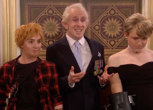 Jack Shep as a futuristic Princess Diana android on SNL UK with a regal yet robotic vibe.