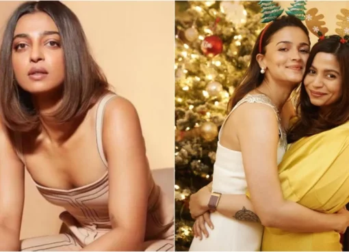 Split image showing Radhika Apte looking thoughtful and Alia Bhatt smiling.