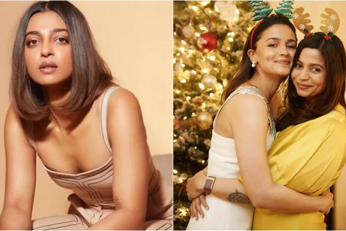 Split image showing Radhika Apte looking thoughtful and Alia Bhatt smiling.