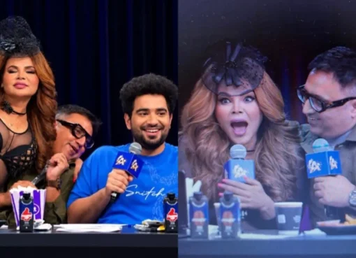 Rakhi Sawant and Ashneer Grover in a tense exchange on a talk show set.