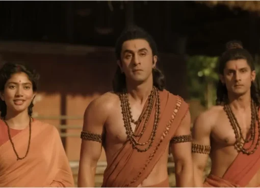 Poster for the Ramayana movie featuring Ranbir Kapoor and Sai Pallavi.