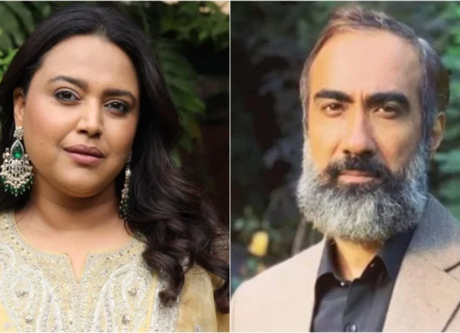 Ranvir Shorey and Swara Bhasker in a split screen showing a serious debate