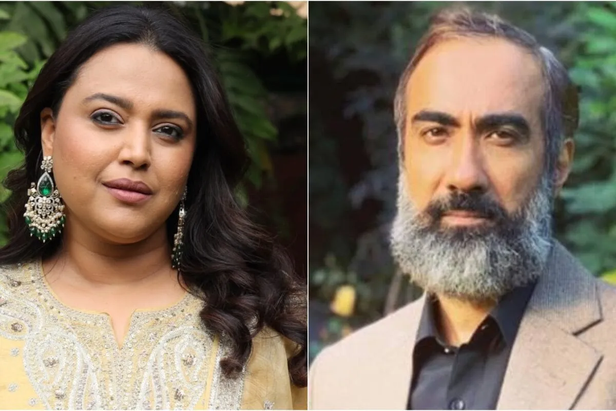 Ranvir Shorey and Swara Bhasker in a split screen showing a serious debate