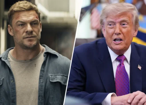Alan Ritchson as Jack Reacher, looking intense and serious.