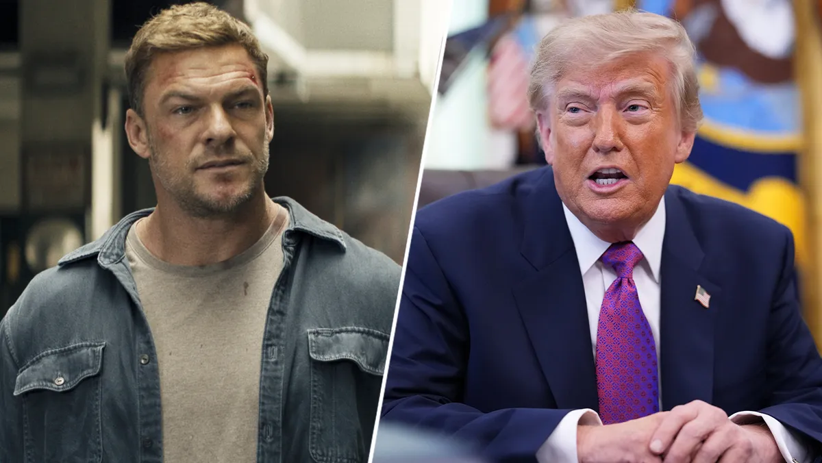 Alan Ritchson as Jack Reacher, looking intense and serious.