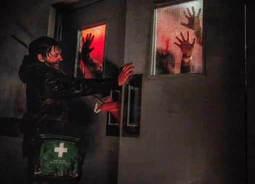A dark and atmospheric scene from a horror movie with red lighting