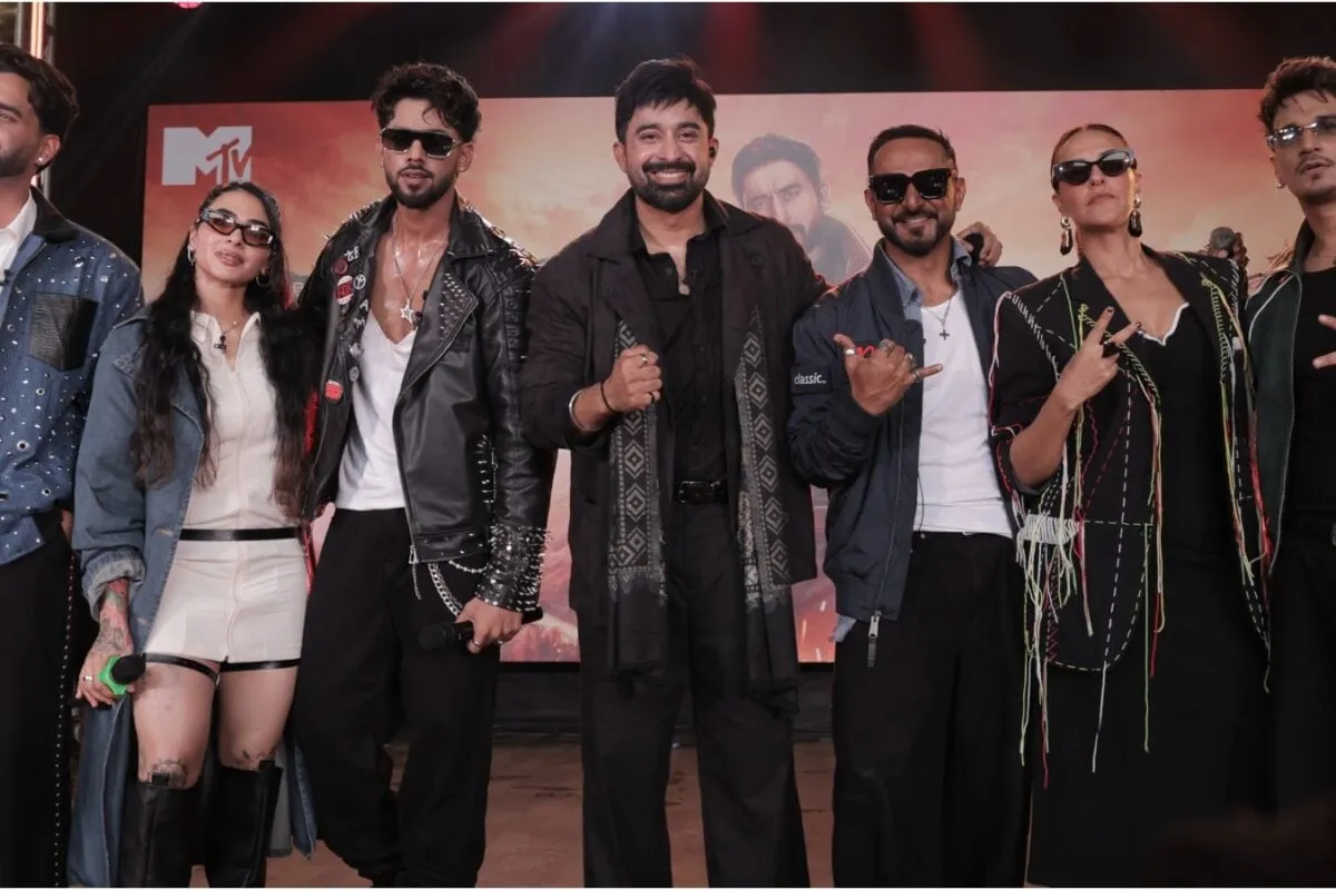 Roadies gang leaders and contestants in an outdoor challenge setting.