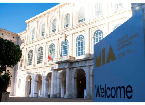 A vibrant graphic showing iconic Roman ruins with modern film equipment and stylized currency symbols, representing new investment in European entertainment.