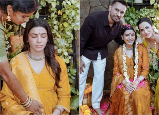 Samantha Ruth Prabhu glowing at her traditional Godh Bharai ceremony.