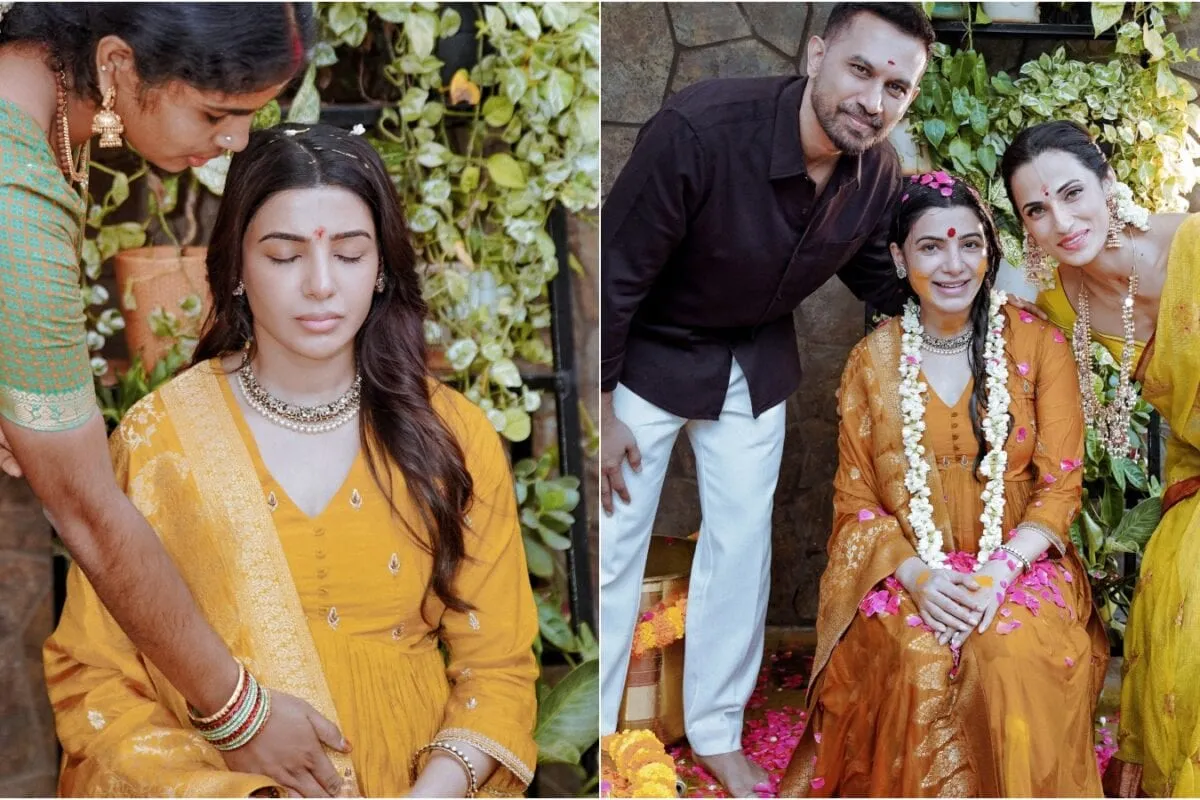 Samantha Ruth Prabhu glowing at her traditional Godh Bharai ceremony.