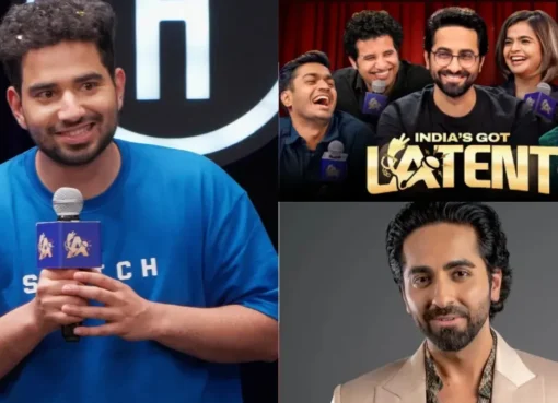 Samay Raina and Ayushmann Khurrana smiling on the set of 'India's Got Latent 2' during filming.