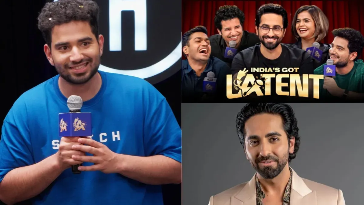 Samay Raina and Ayushmann Khurrana smiling on the set of 'India's Got Latent 2' during filming.