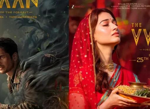 Sidharth Malhotra and Tamannaah Bhatia looking at each other from a movie poster for 'The Vvaan'.