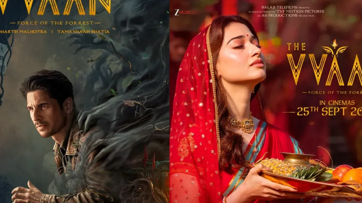 Sidharth Malhotra and Tamannaah Bhatia looking at each other from a movie poster for 'The Vvaan'.