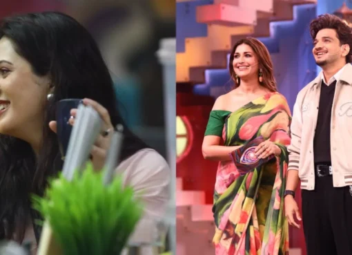 Sonali Bendre smiling, with a split image of Isha Rikhi looking determined and Munawar Faruqui laughing.