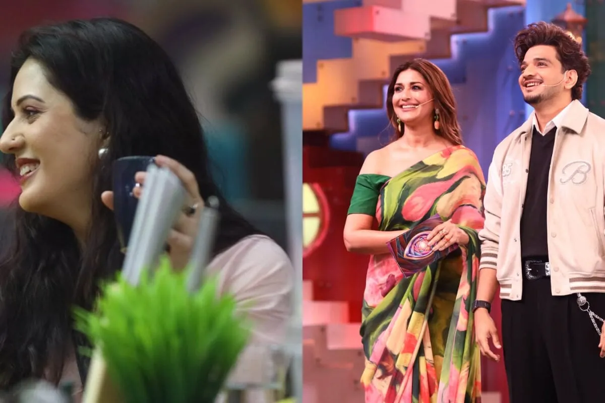 Sonali Bendre smiling, with a split image of Isha Rikhi looking determined and Munawar Faruqui laughing.