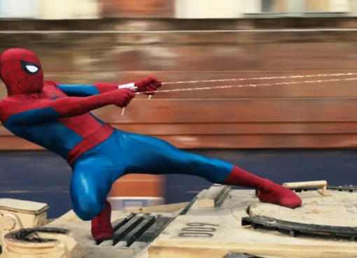Spider-Man swinging heroically with a city skyline in the background, possibly with a subtle Star Wars logo in the distance looking defeated.