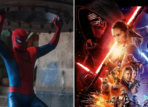 Spider-Man swinging through a cityscape with the movie title, while a Star Wars spaceship flies in the background, symbolizing a box office win.