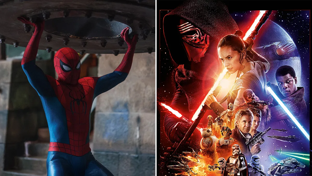 Spider-Man swinging through a cityscape with the movie title, while a Star Wars spaceship flies in the background, symbolizing a box office win.