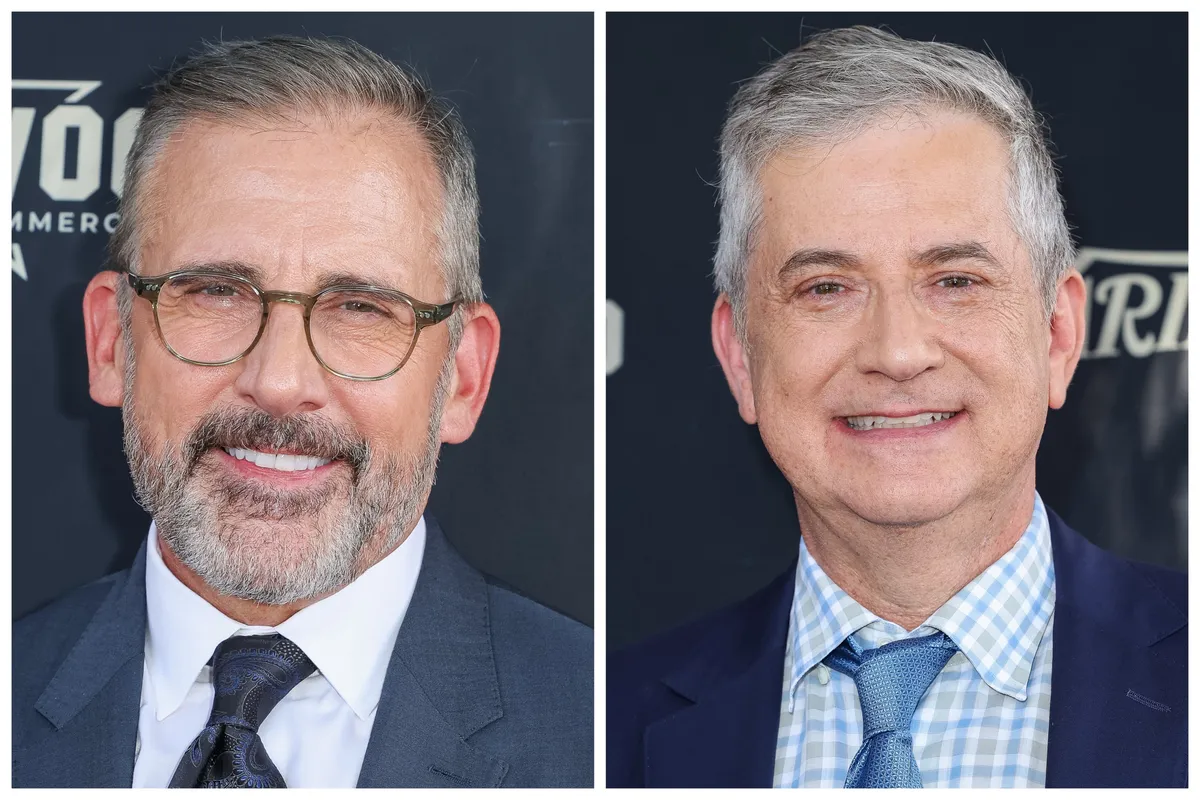Steve Carell smiling, with a subtle Olympic ring logo in the background, suggesting a biopic.