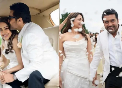 Suriya and Jyotika smiling during their vow renewal ceremony.