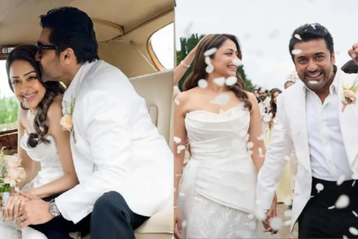 Suriya and Jyotika smiling during their vow renewal ceremony.