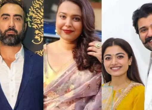 Collage of Swara Bhasker and Ranvir Shorey looking serious, and Rashmika Mandanna smiling.