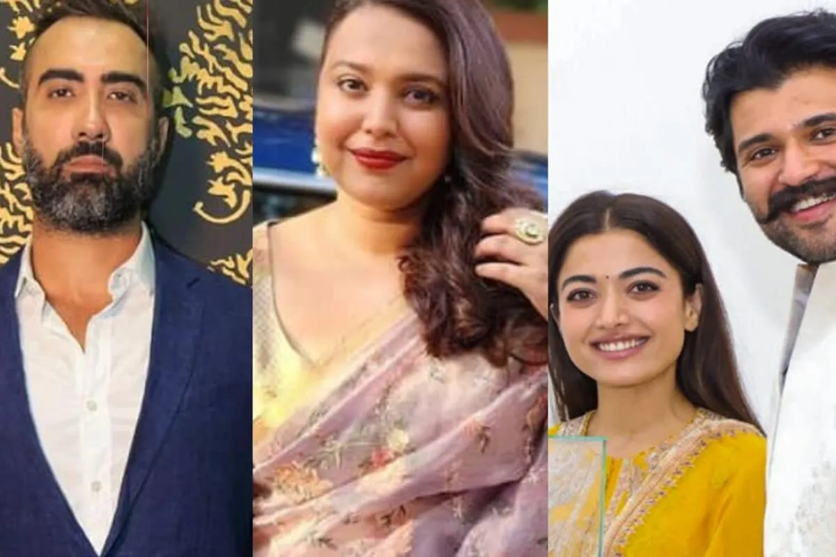 Collage of Swara Bhasker and Ranvir Shorey looking serious, and Rashmika Mandanna smiling.