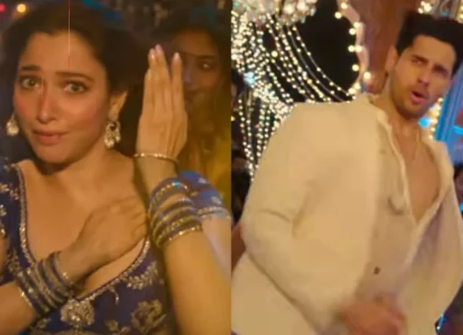 Tamannaah Bhatia and Sidharth Malhotra dancing together with high energy in a colorful setting from the Thummak Thummak music video.