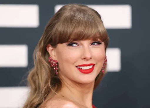 Taylor Swift announcing her new album with a vintage poster-like graphic.