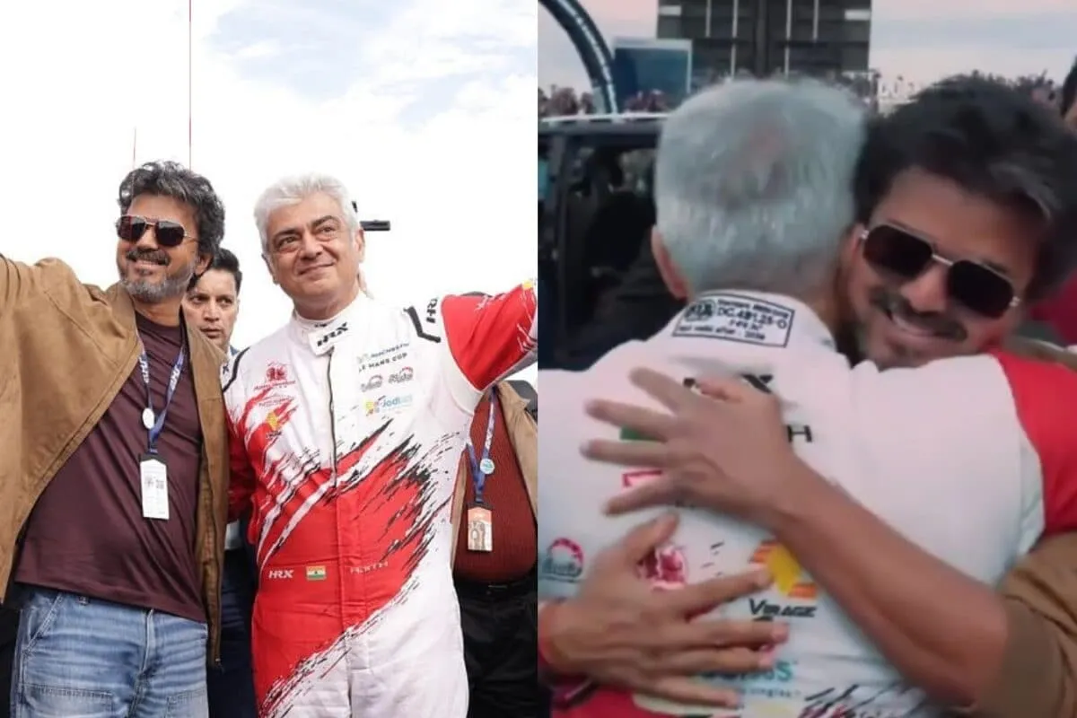 Tamil Nadu CM Vijay running to hug Ajith Kumar at the Silverstone racetrack.