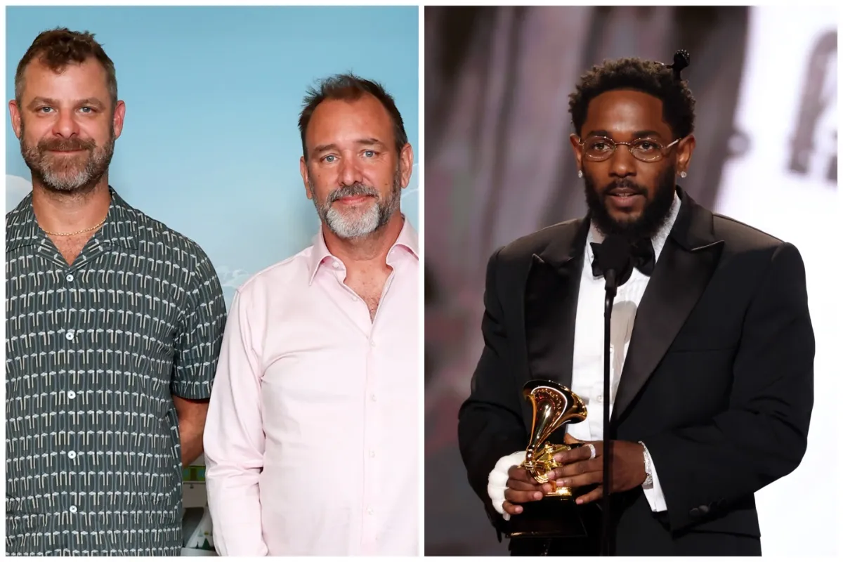 Trey Parker, Matt Stone, and Kendrick Lamar smiling together, possibly discussing their movie project.