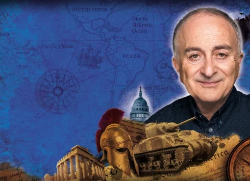 Tony Robinson smiling, looking thoughtful, with a subtle historical background.