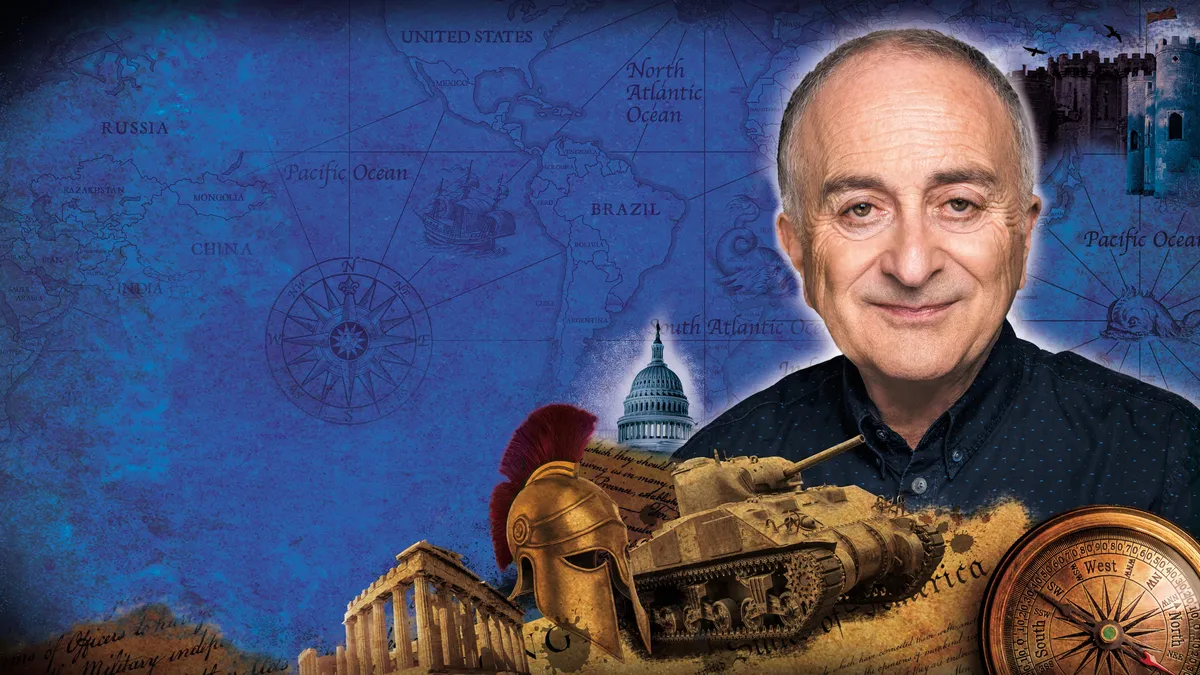 Tony Robinson smiling, looking thoughtful, with a subtle historical background.
