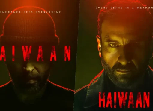 A movie poster for 'Haiwaan' featuring a concerned-looking Akshay Kumar, with subdued lighting.