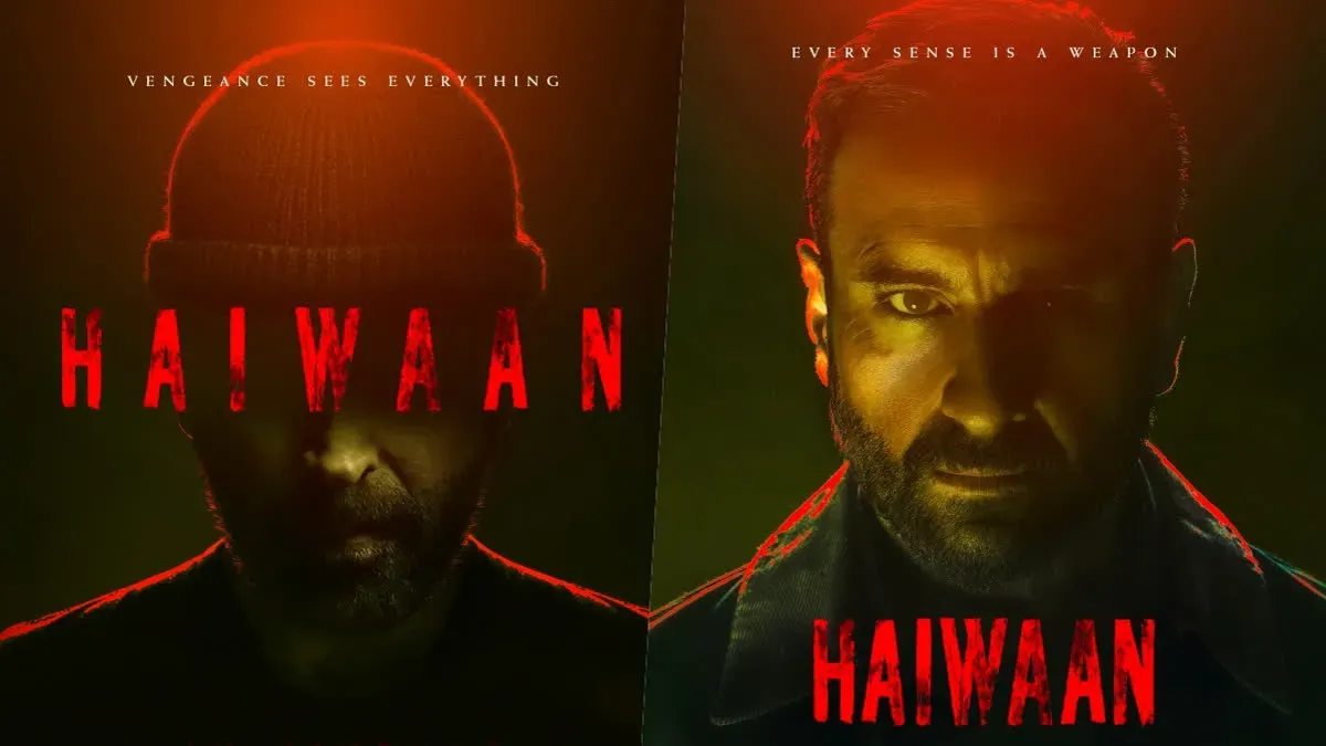 A movie poster for 'Haiwaan' featuring a concerned-looking Akshay Kumar, with subdued lighting.
