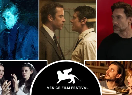 The Venice Film Festival logo with a backdrop of a film reel.