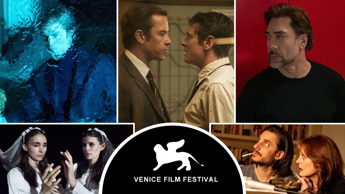 The Venice Film Festival logo with a backdrop of a film reel.