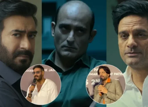 Ajay Devgn looking serious at a press conference, talking about Drishyam 3.